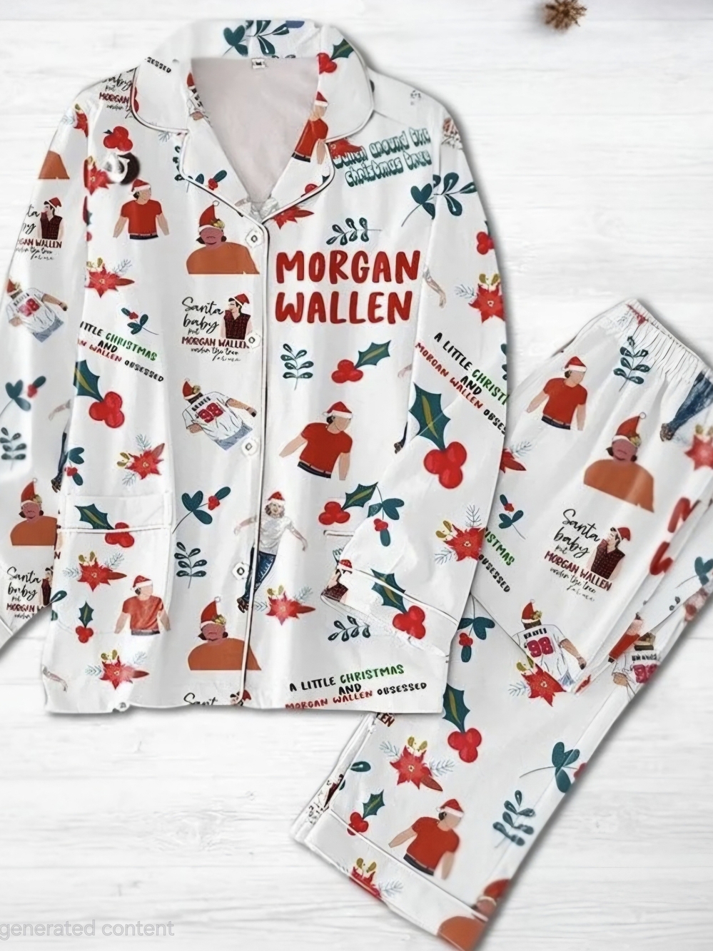 Morgan Wallen Women's White Holiday Pajama Set - Red & Green Festive Print